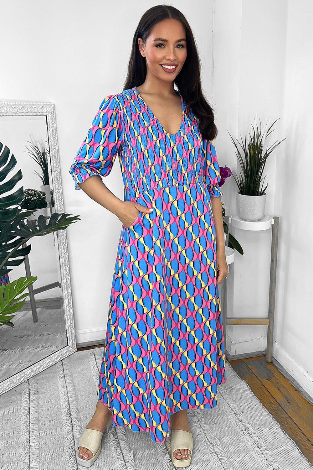 Abstract Print Shirred Top V-neck Midi Dress-SinglePrice