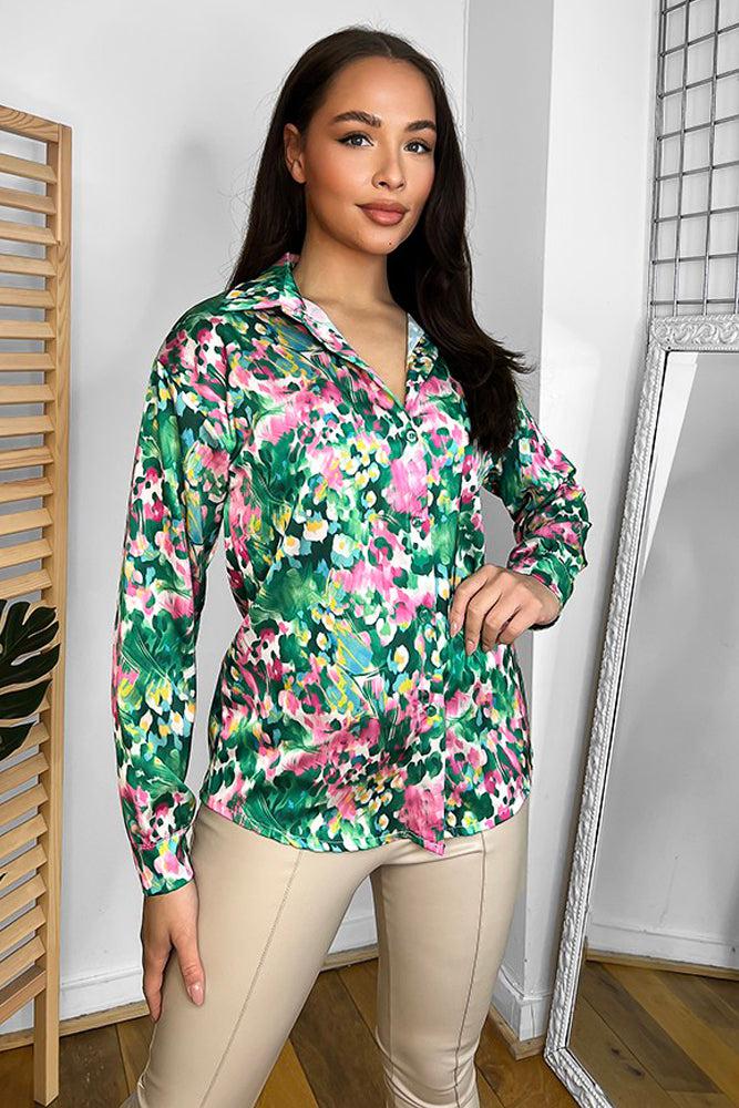Multicolour Floral Watercolour Print Satin Shirt-SinglePrice