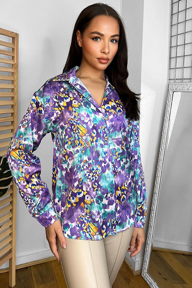 Multicolour Floral Watercolour Print Satin Shirt-SinglePrice
