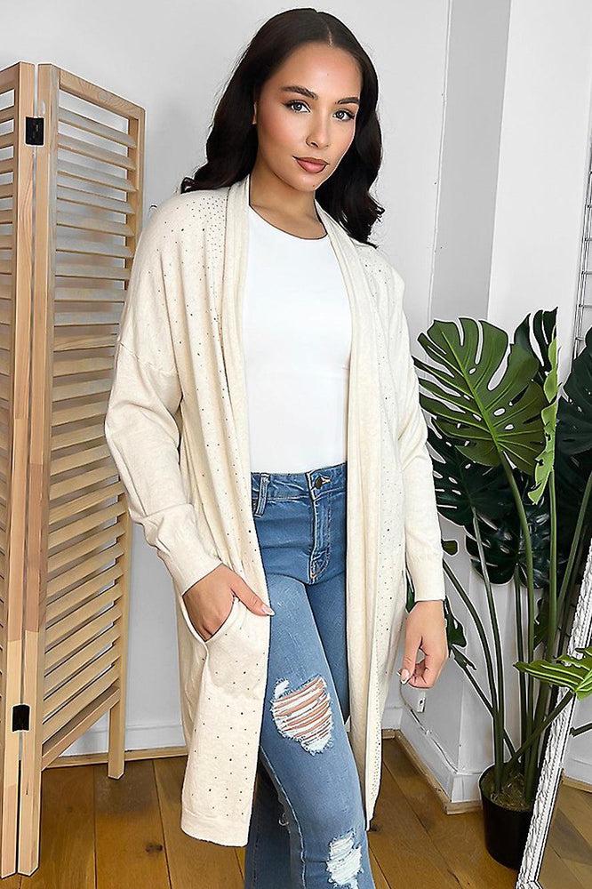 Cream Crystals Embellished Open Front Midi Cardigan-SinglePrice