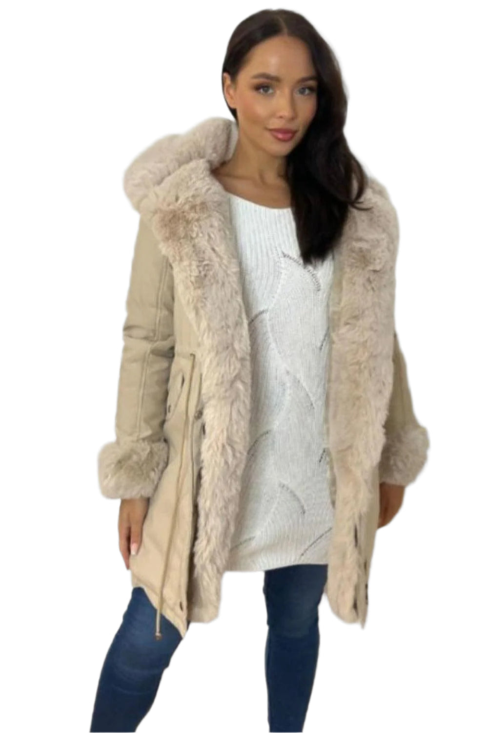 Faux Fur Lining Drawstring Waist Winter Jacket