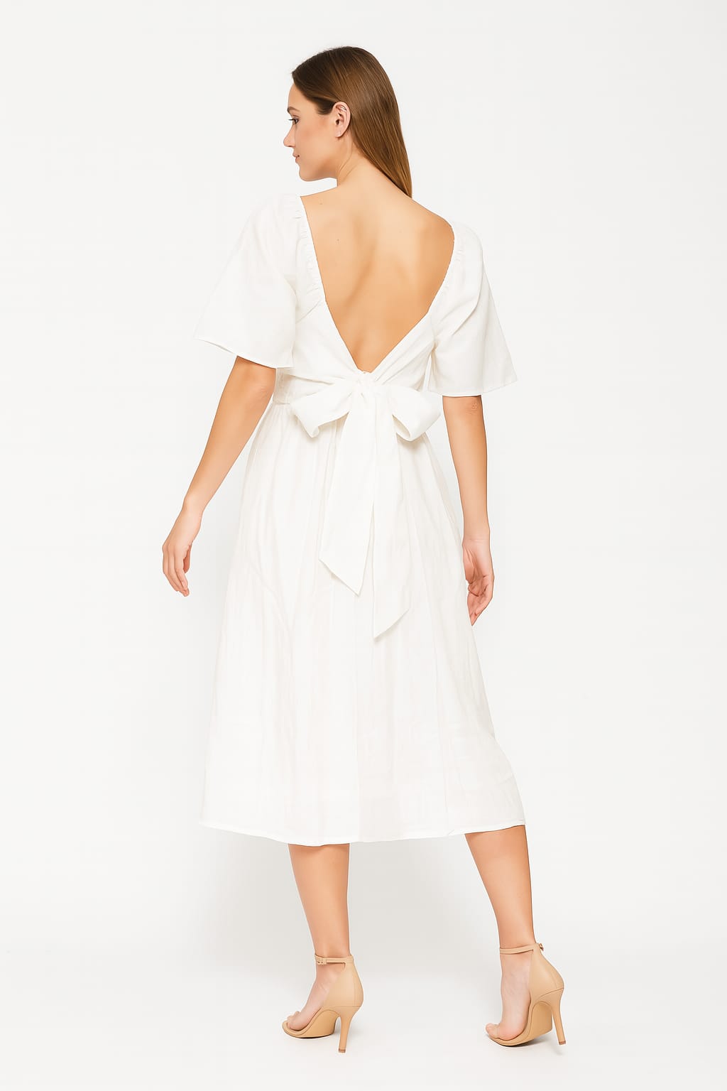 Sweetheart Neckline Short Puff Sleeve Linen A-Line Midi Dress