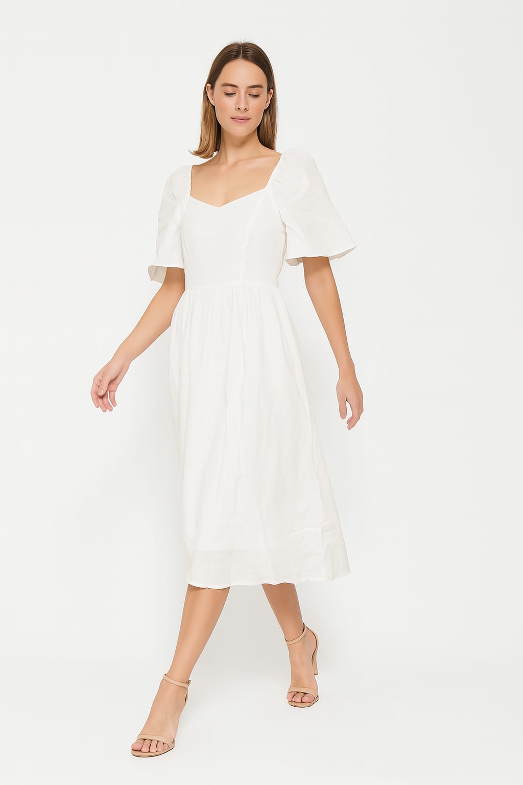 Sweetheart Neckline Short Puff Sleeve Linen A-Line Midi Dress