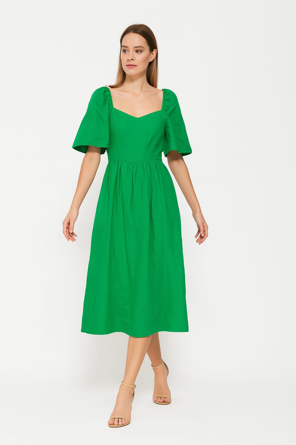 Wholesale Women's Sweetheart Neckline Short Puff Sleeve Linen A-Line Midi Dress (PACK OF 6)