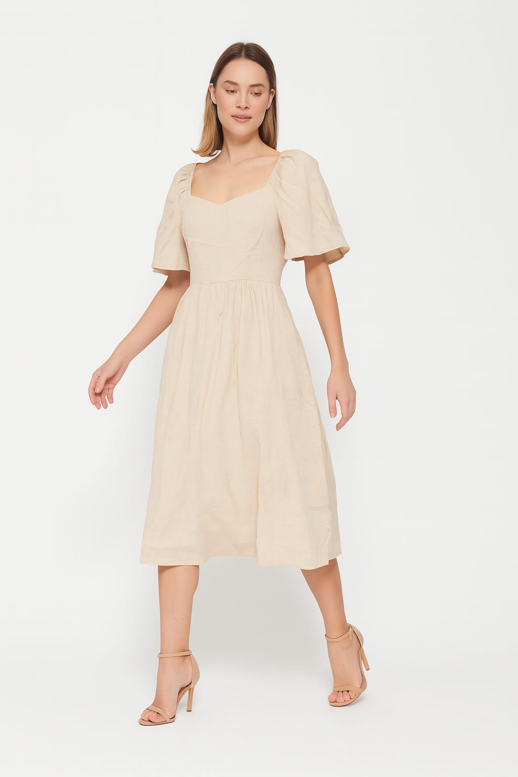 Wholesale Women's Sweetheart Neckline Short Puff Sleeve Linen A-Line Midi Dress (PACK OF 6)