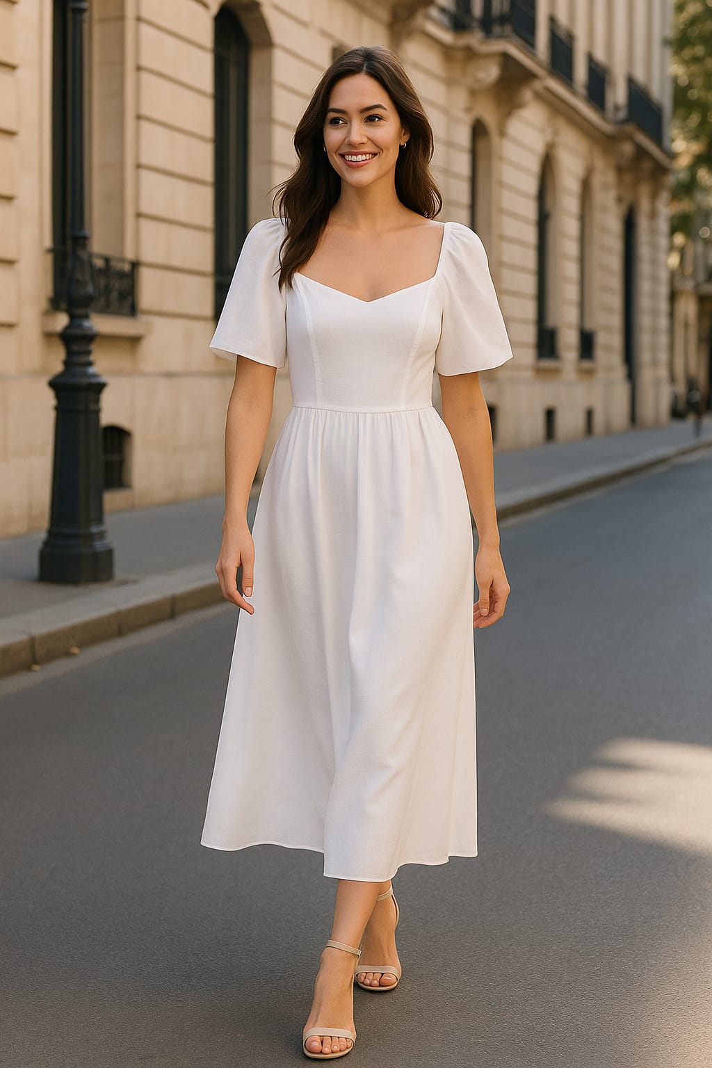 Sweetheart Neckline Short Puff Sleeve Linen A-Line Midi Dress