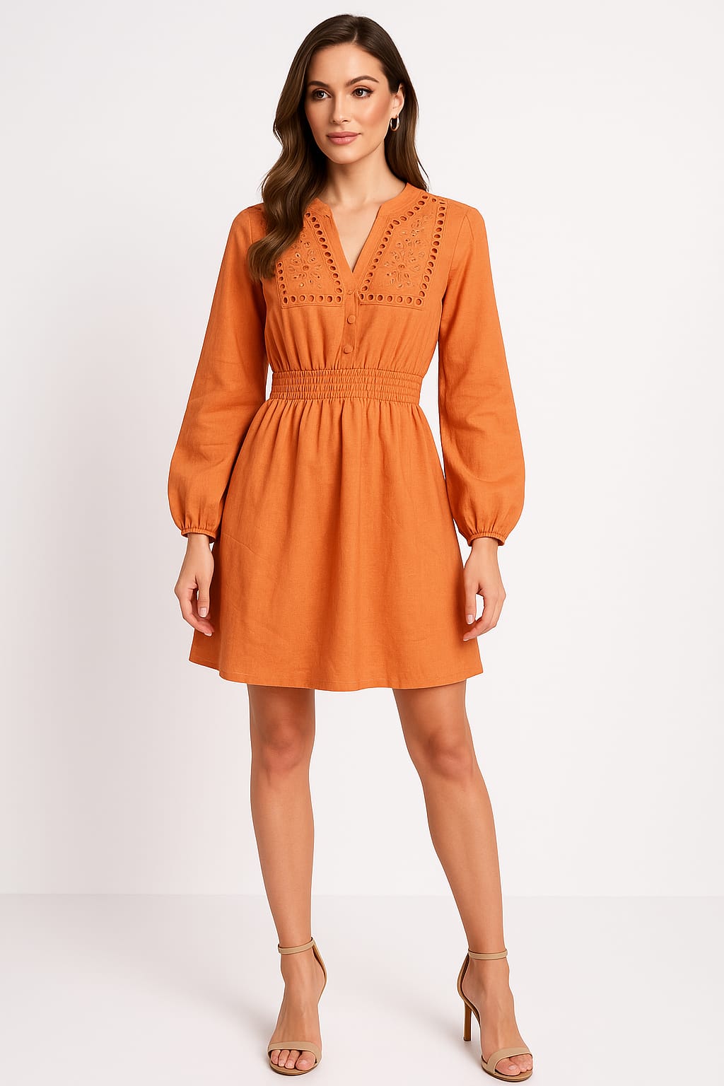 Eyelet Floral Embroidery Long Sleeve A-Line Short Bohemian Dress