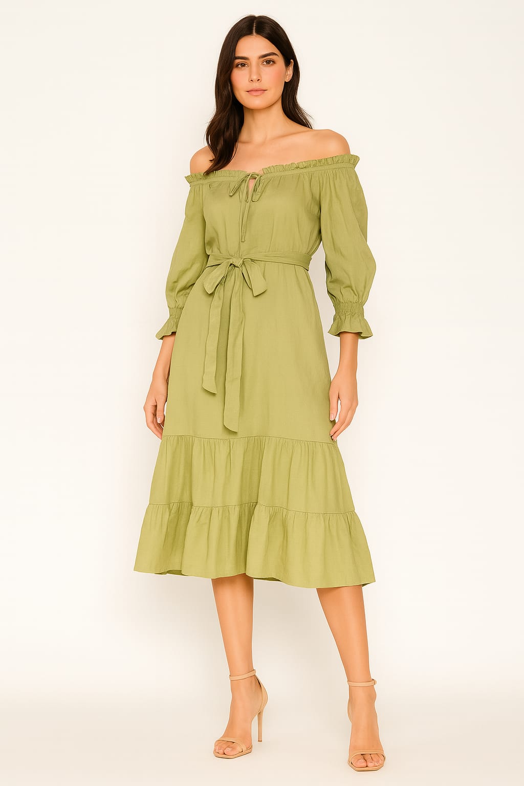 Off Shoulder Long Sleeve Layered Tie Up Viscose Midi Dress