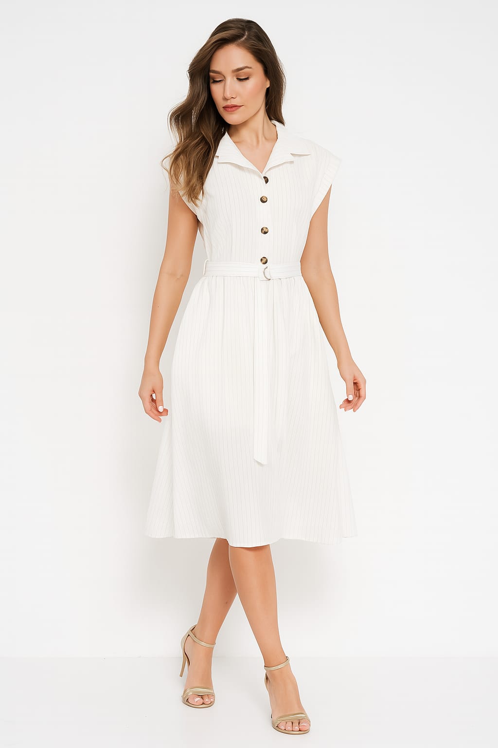 Wholesale Women's Button Detail Belted Flowy A-Line Cotton Stripy Midi Dress (PACK OF 6)