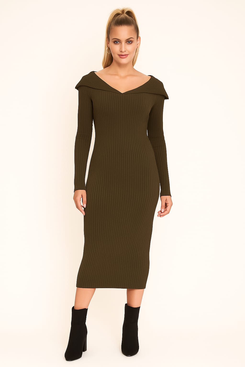 Sailor Collar Ribbed Viscose Blend Knit Midaxi Dress