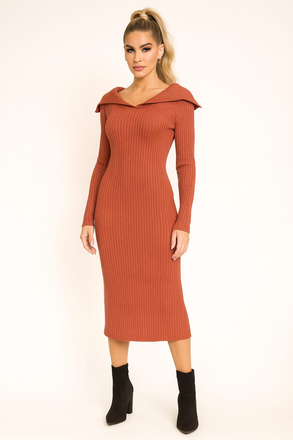 Sailor Collar Ribbed Viscose Blend Knit Midaxi Dress