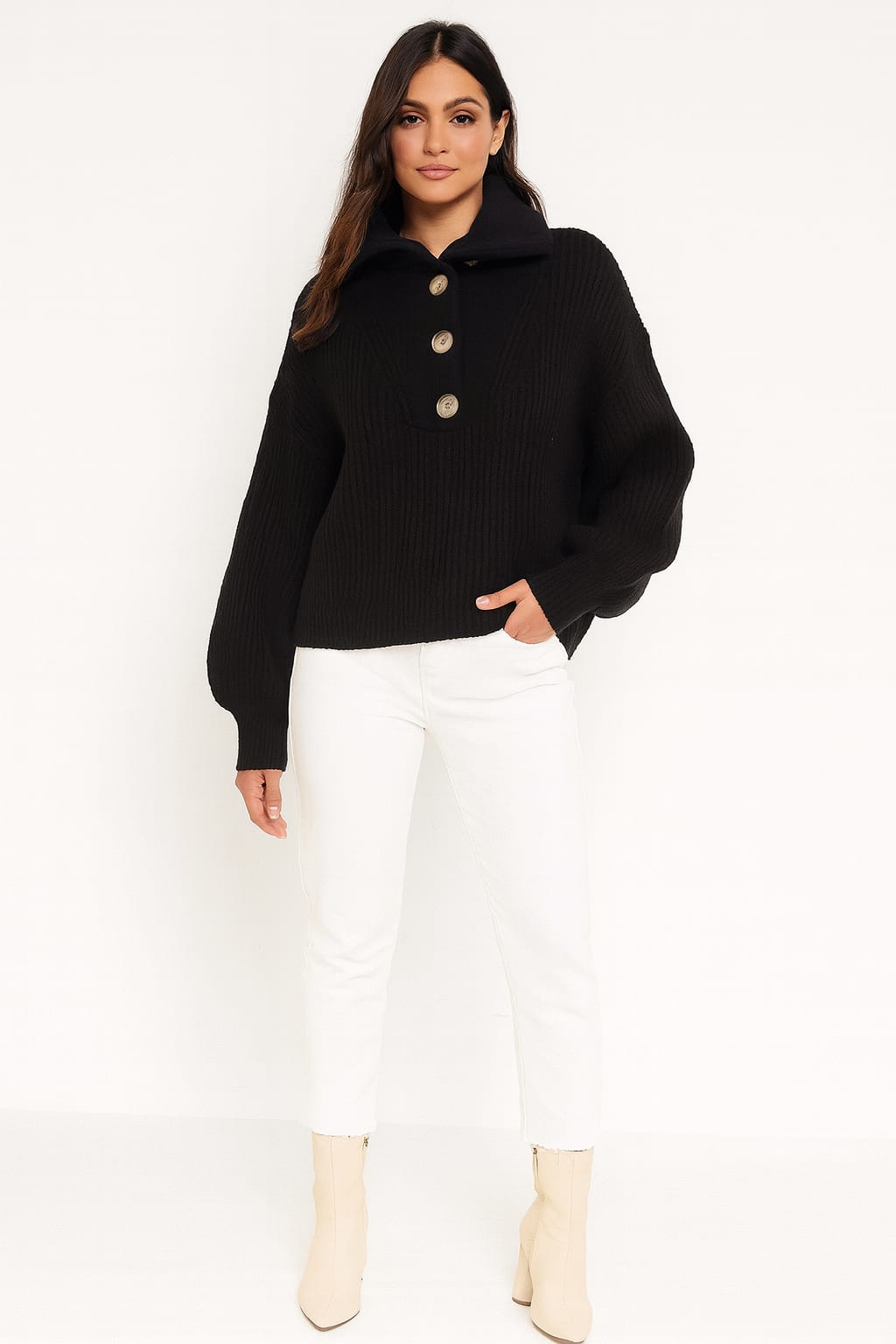 High Stand Collar Button Detail Soft Chunky Knitted Pullover