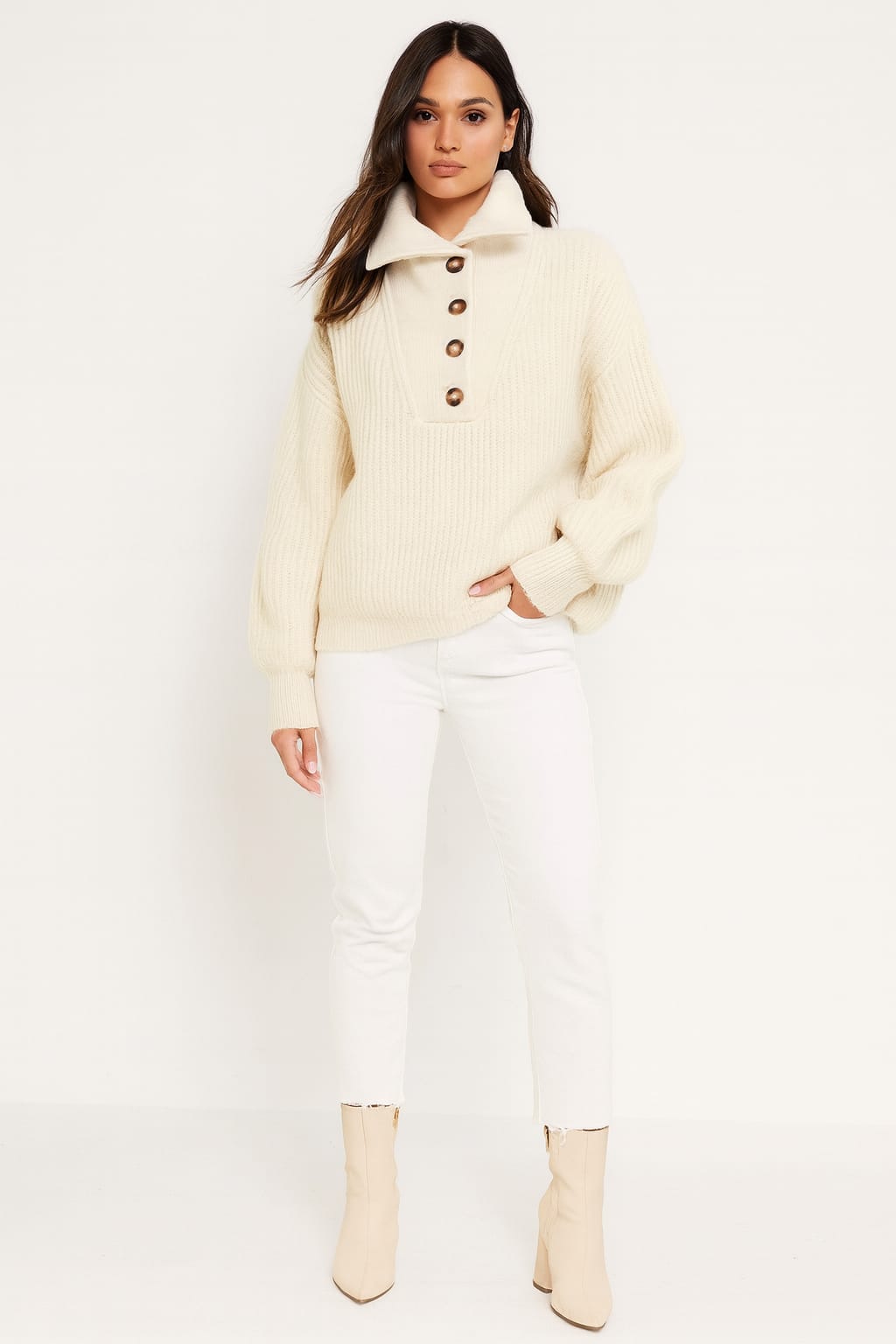 High Stand Collar Button Detail Soft Chunky Knitted Pullover