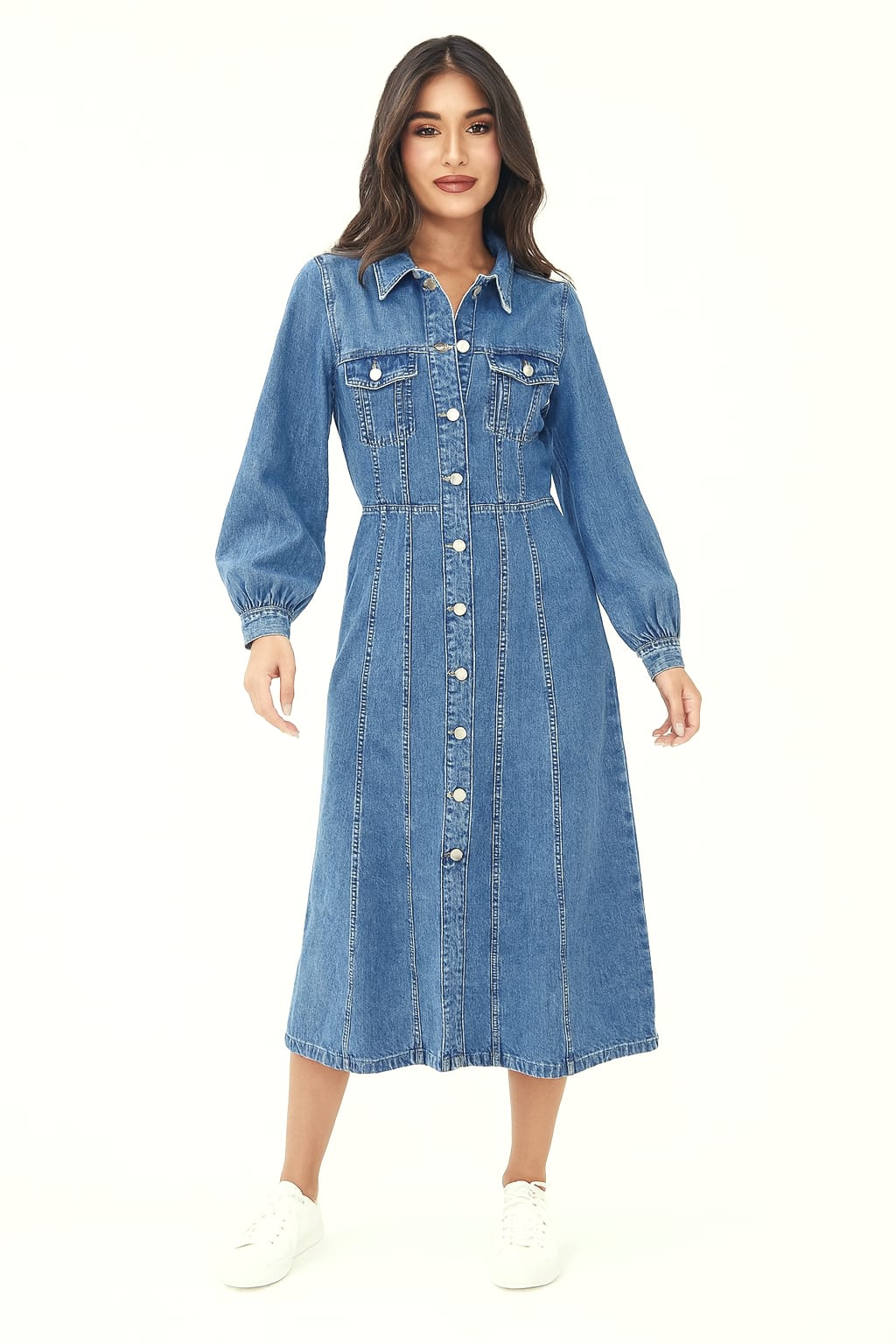 Relaxed Fit Button Down A-Line Blue Maxi Denim Dress