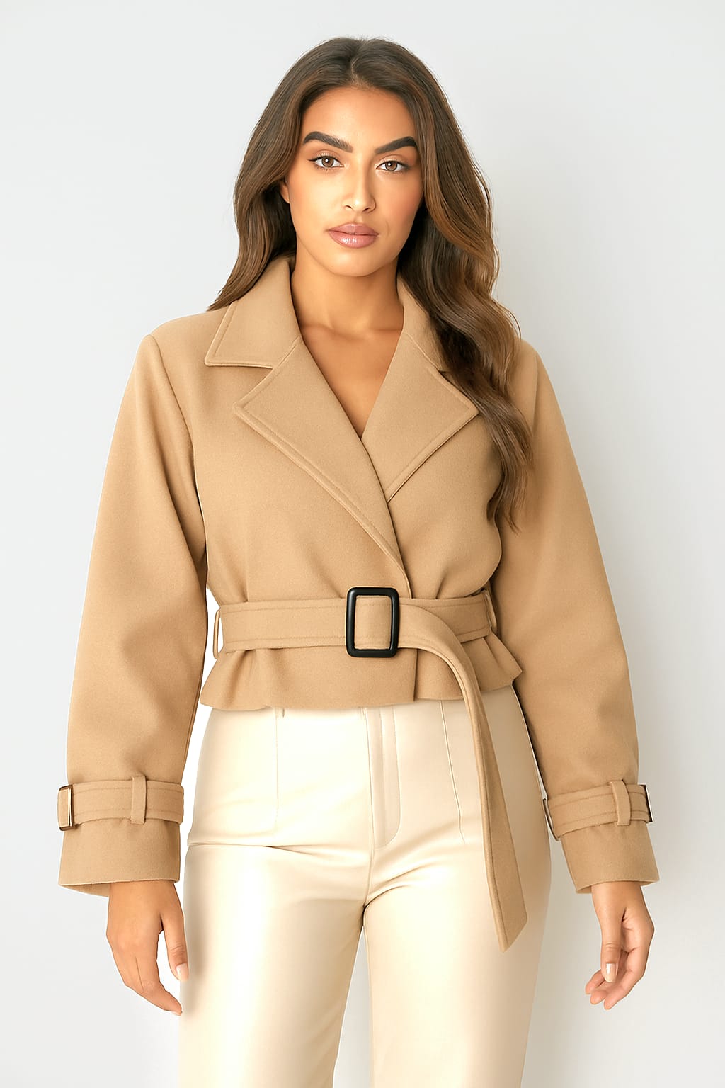 Lapel Collar Belted Cropped Fleece Jacket