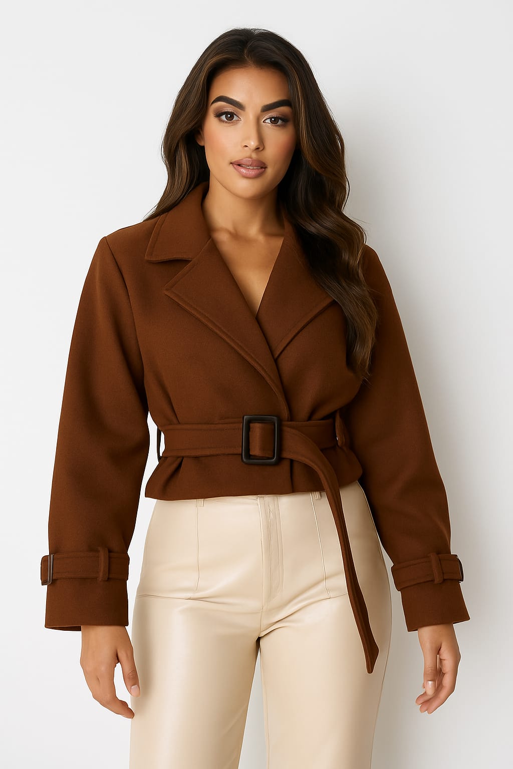 Lapel Collar Belted Cropped Fleece Jacket