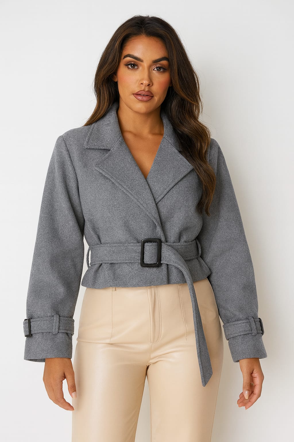 Lapel Collar Belted Cropped Fleece Jacket