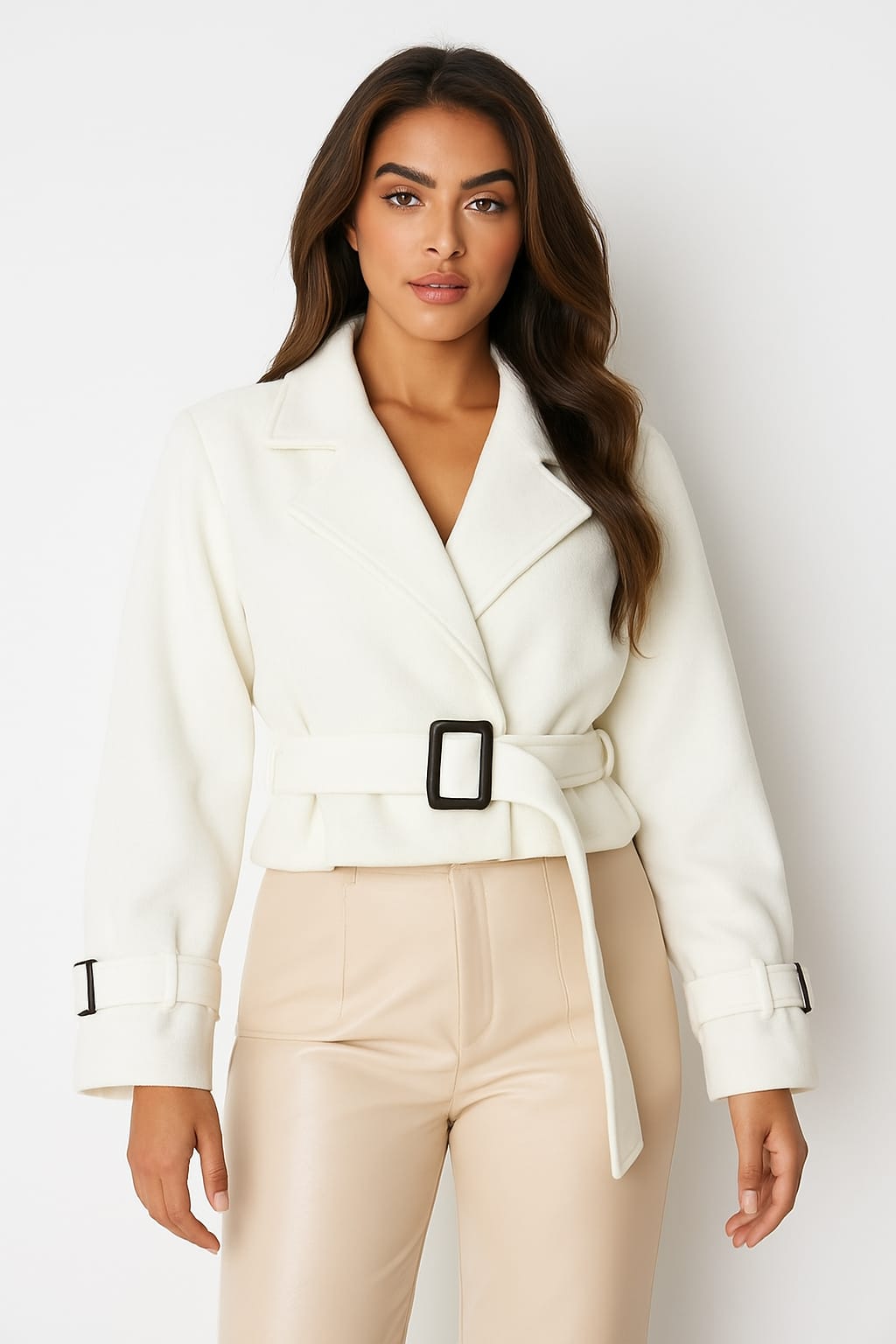 Wholesale Women's Lapel Collar Belted Cropped Fleece Jacket (PACK OF 6)