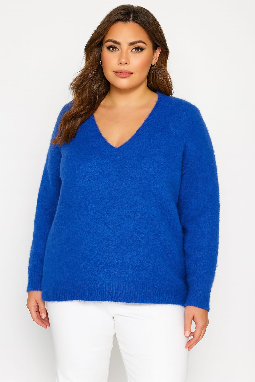 Plus Size V-Cut Drop Shoulder Fuzzi Knit Sweater