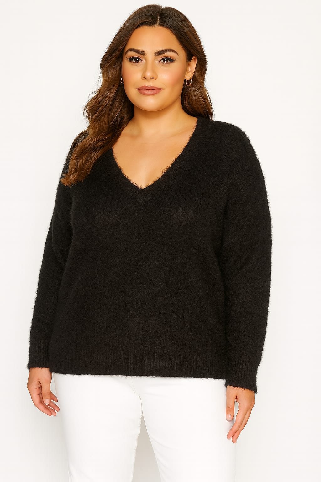 Wholesale Women's Plus Size V-Cut Drop Shoulder Fuzzi Knit Sweater (PACK OF 8)