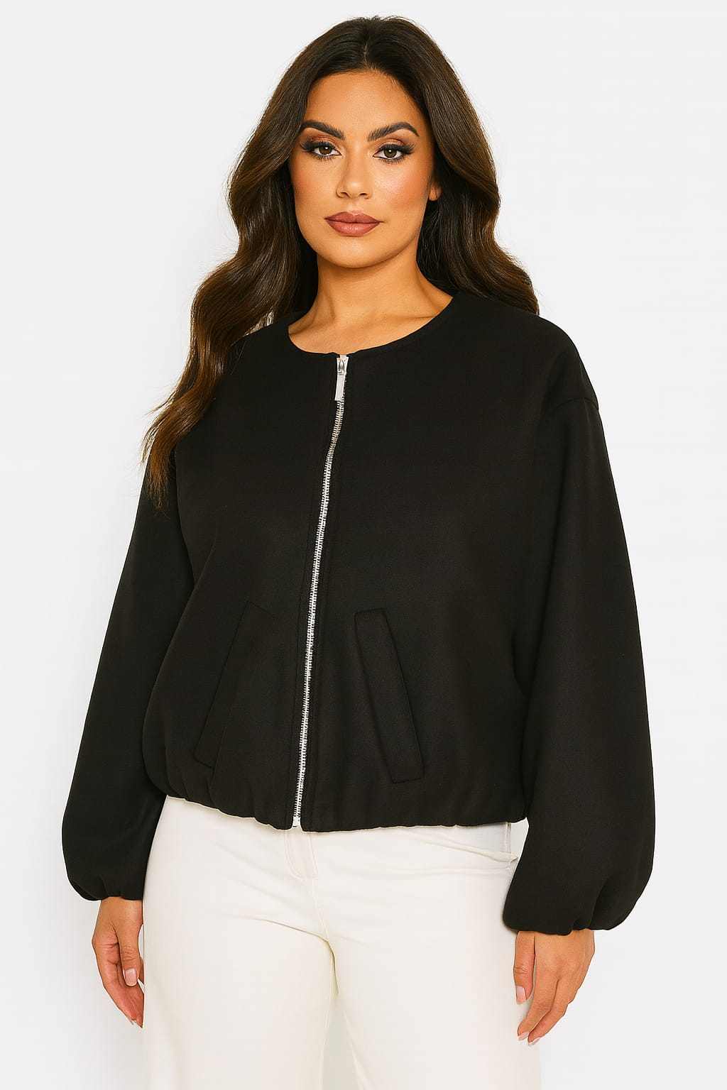 Boxy Style Balloon Sleeve Cropped Zip Flanel Jacket