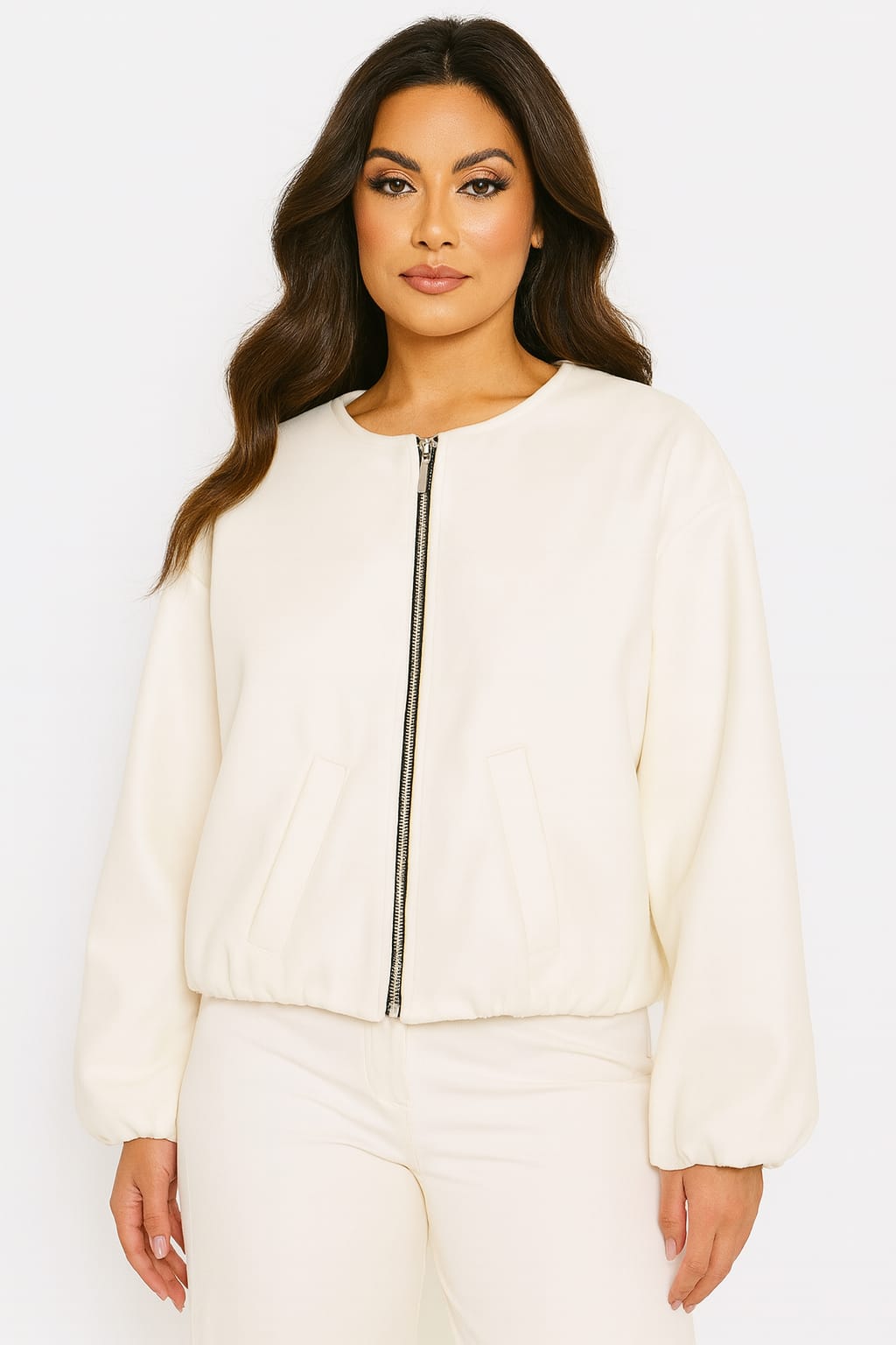 Boxy Style Balloon Sleeve Cropped Zip Flanel Jacket