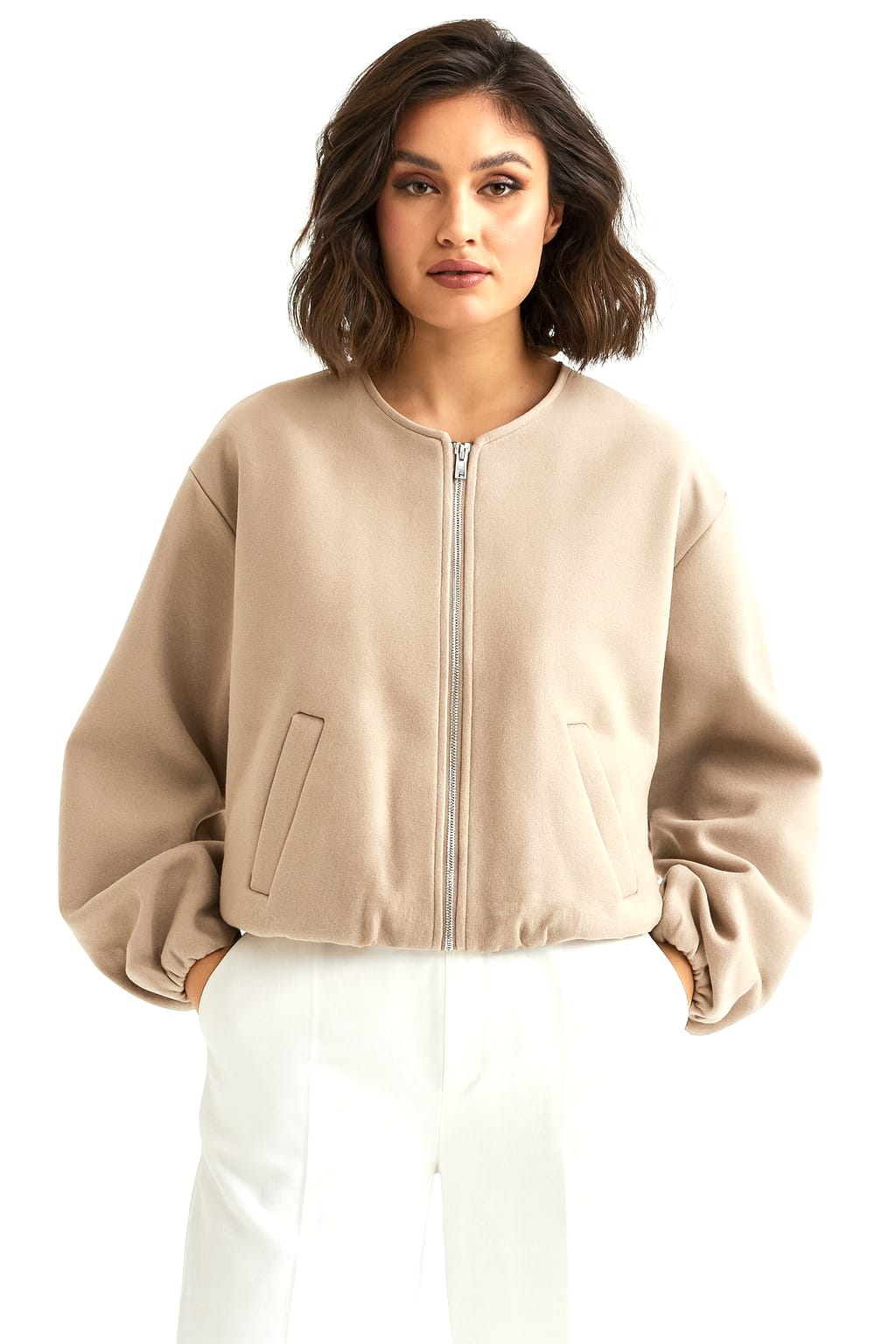 Boxy Style Balloon Sleeve Cropped Zip Flanel Jacket