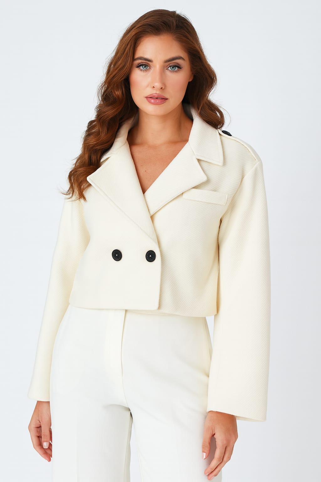 Relaxed Fit Herringbone Stripe Texture Double Lapel Breasted Cropped Jacket