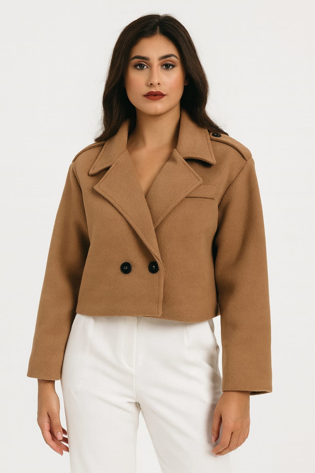 Relaxed Fit Herringbone Stripe Texture Double Lapel Breasted Cropped Jacket
