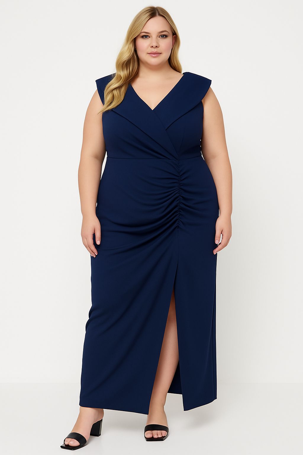 Crepe Frill Low Cut Neckline Ruched Elegant Slit Maxi Dress