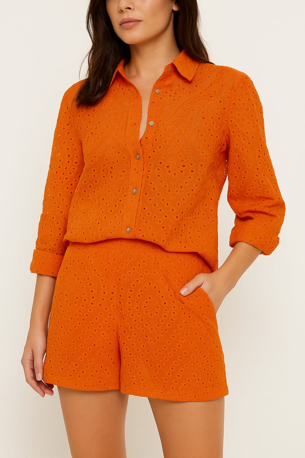 Wholesale Women's Eyelet Embroidery Long Sleeve Shirt And Shorts Two Piece Crochet Set (PACK OF 6)