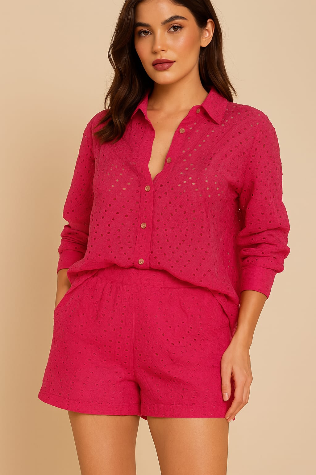 Eyelet Embroidery Long Sleeve Shirt And Shorts Two Piece Crochet Set