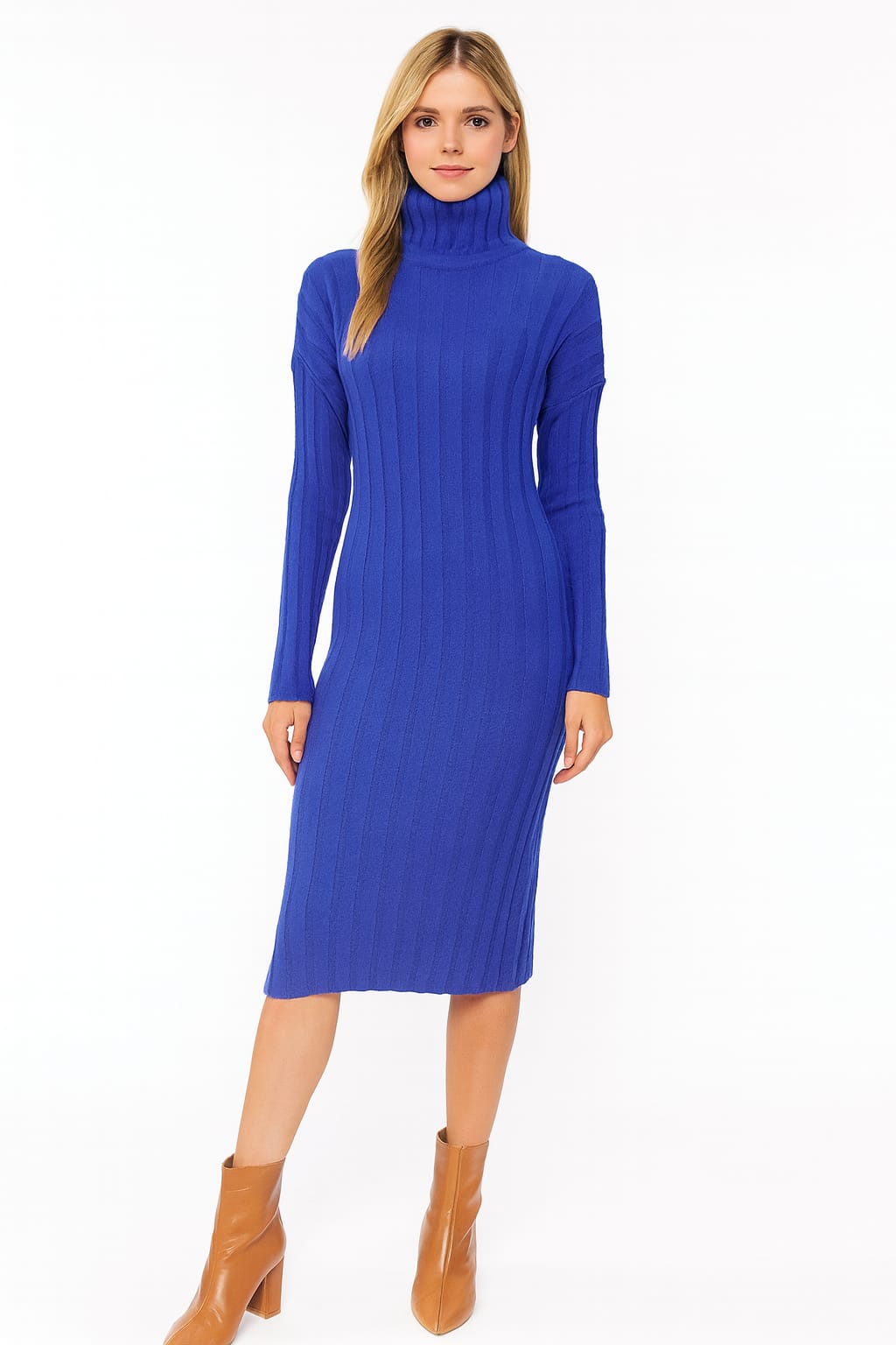 Turtle Neck Ribbed Knitted Midi Dress