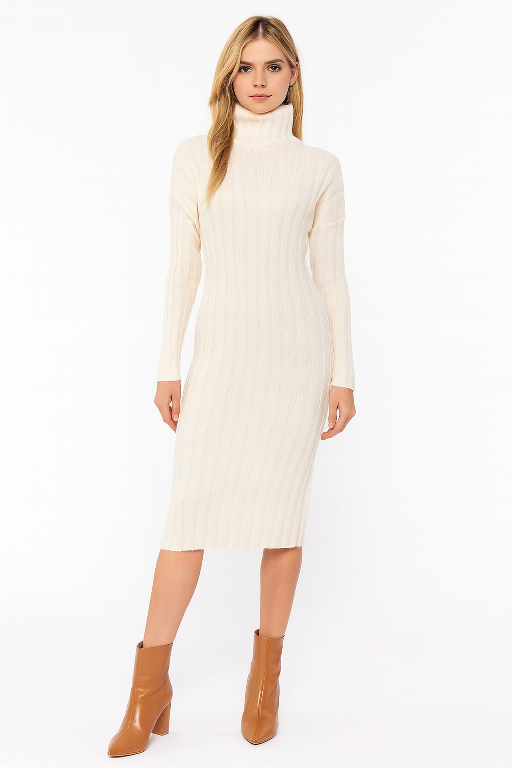 Turtle Neck Ribbed Knitted Midi Dress