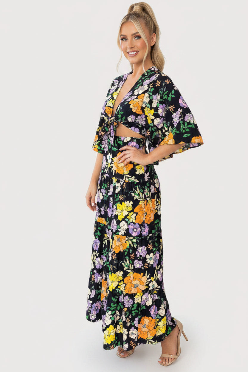 Crop Tie Up Top And Tiered Skirt Set-SinglePrice