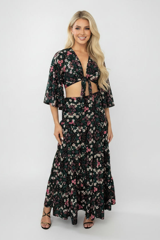Crop Tie Up Top And Tiered Skirt Set-SinglePrice
