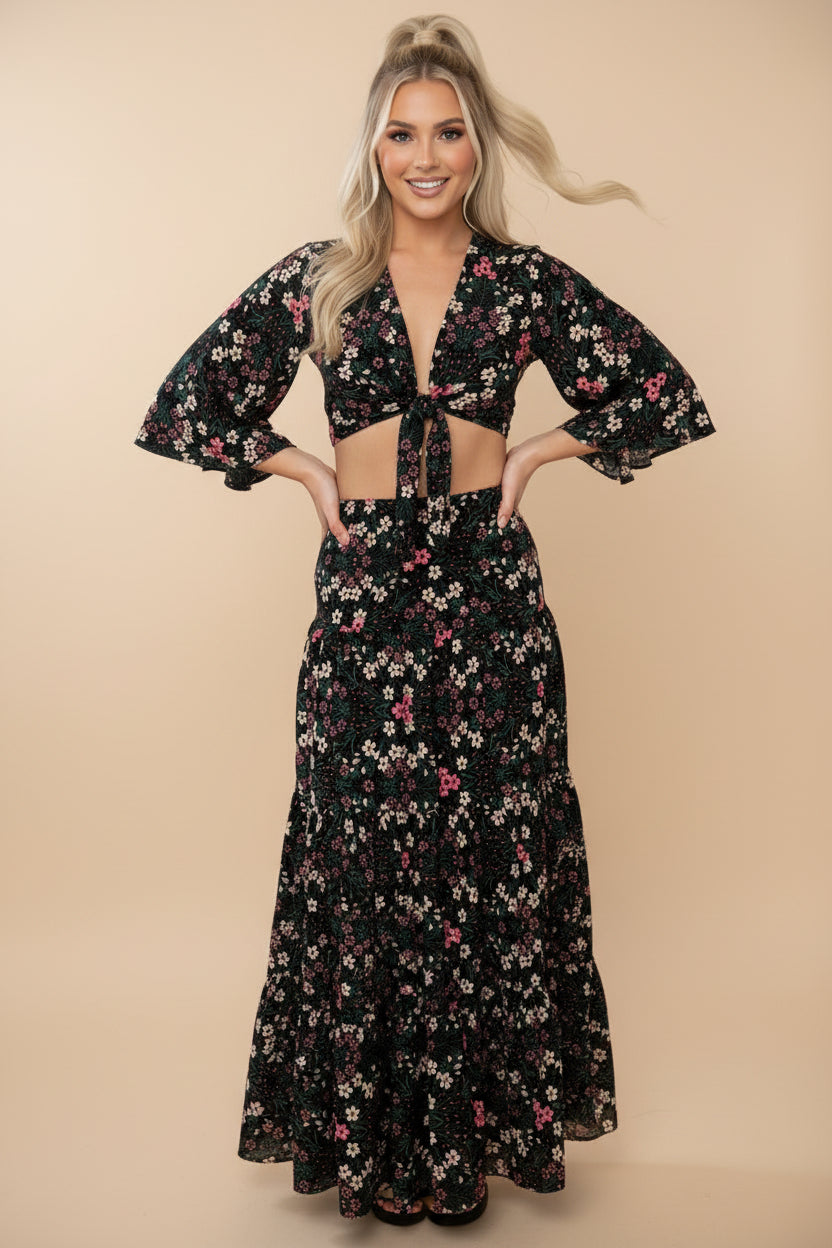 Crop Tie Up Top And Tiered Skirt Set-SinglePrice