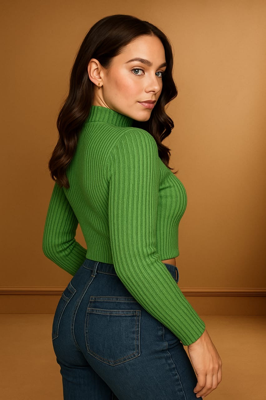 Mock Neck Ribbed Viscose Blend Knit Embellished Cropped Jumper