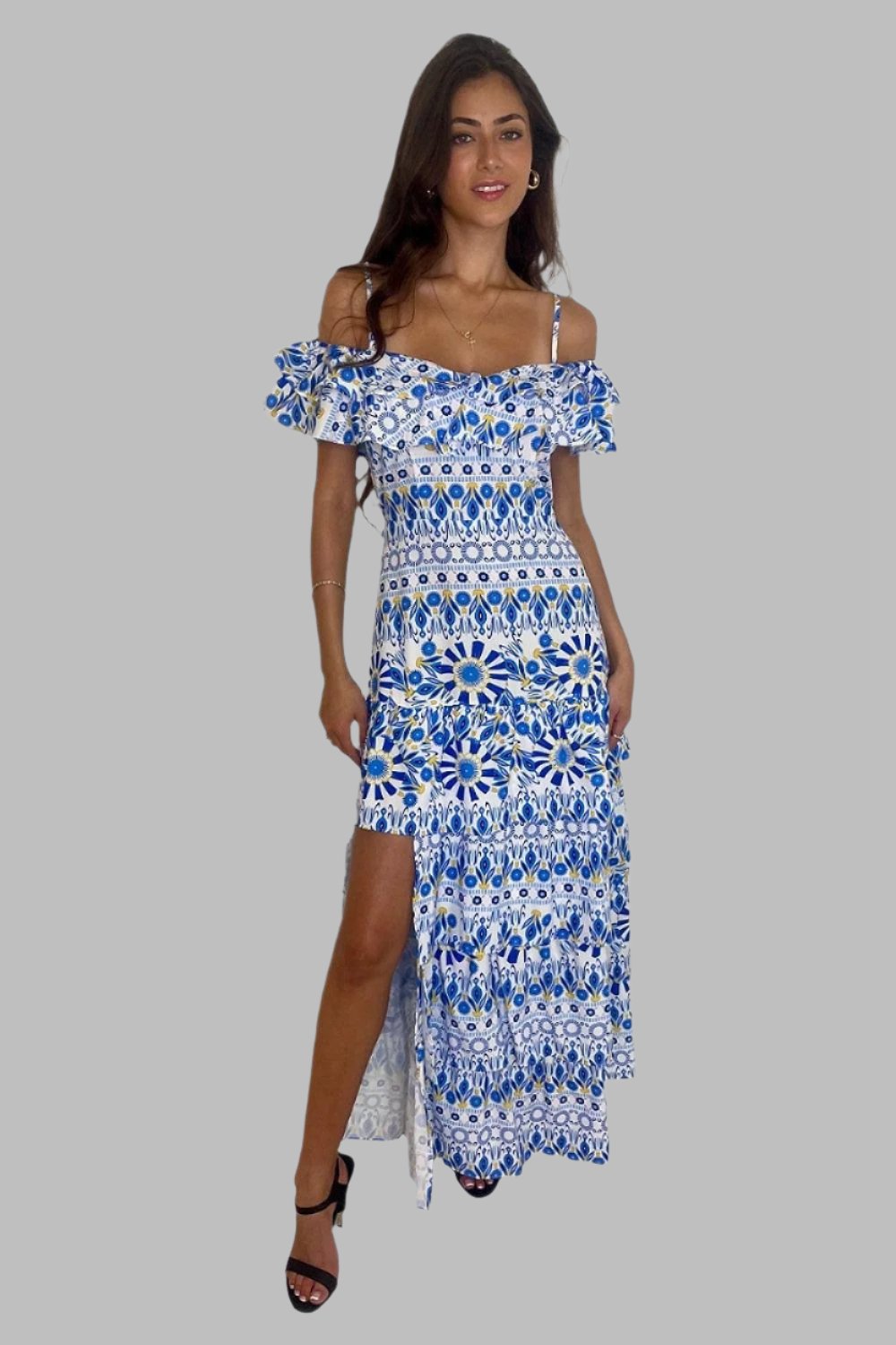 Side Slit Frill Off Shoulder Vibrant Print Spanish Maxi Dress-SinglePrice