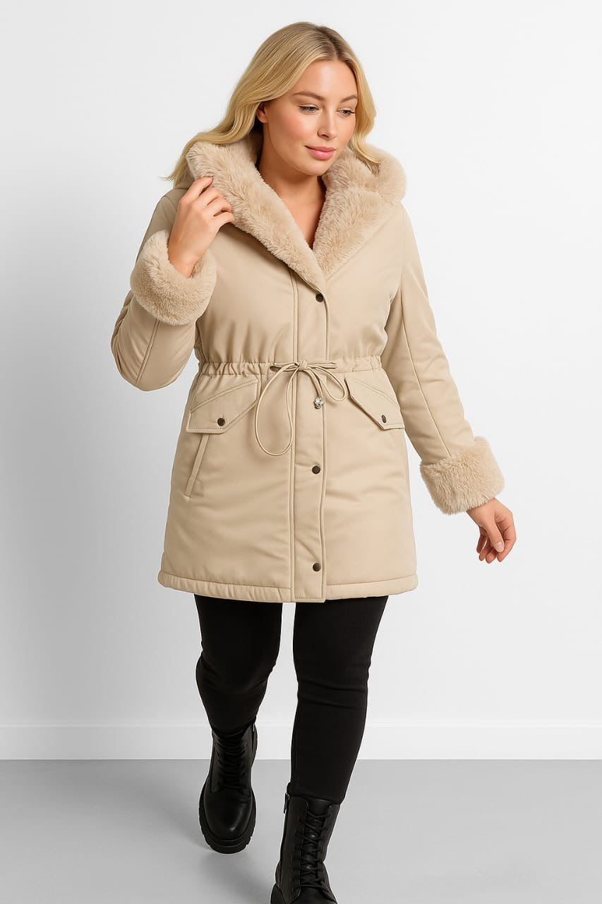 Faux Fur Lining Drawstring Waist Winter Jacket