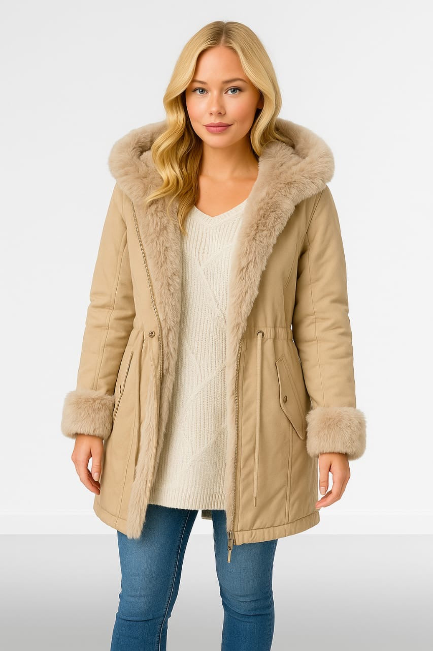 Faux Fur Lining Drawstring Waist Winter Jacket