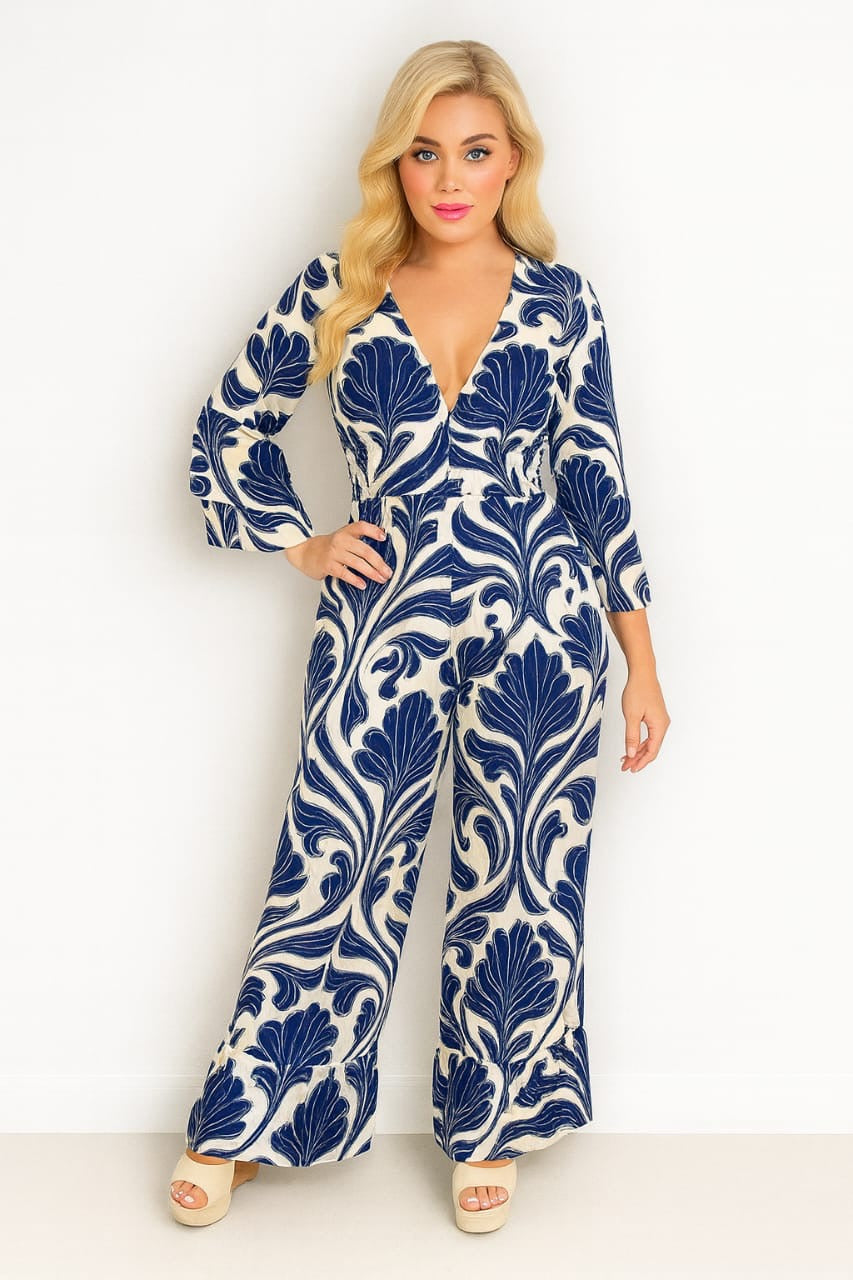 Shirred Waist Floral Print Slinky Jumpsuit