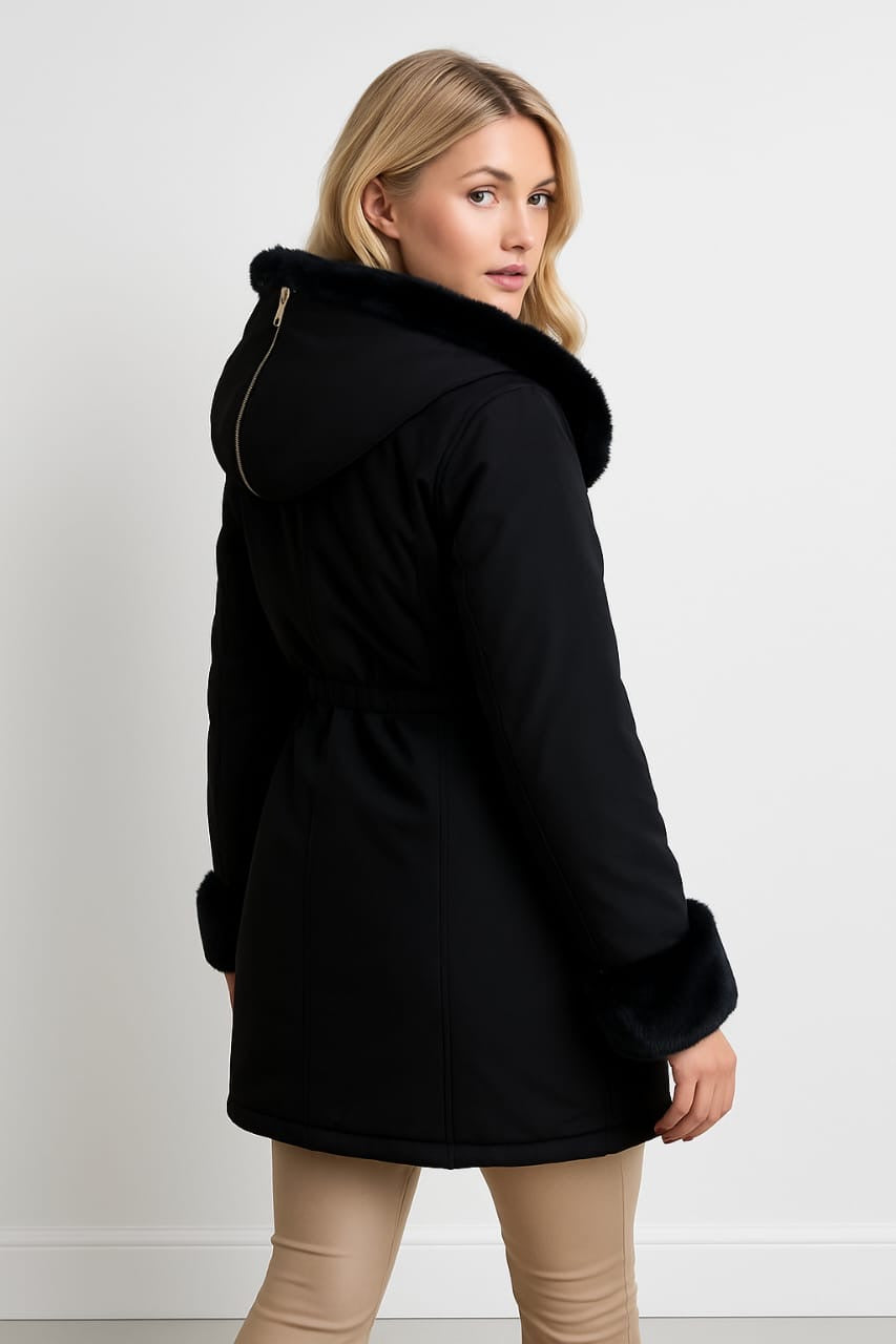 Faux Fur Lining Drawstring Waist Winter Jacket