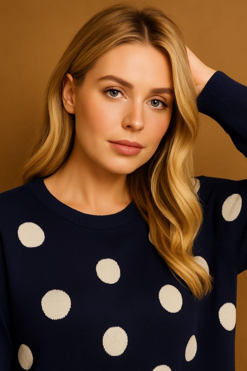 Navy White Polka Dot Curved Hem Pullover