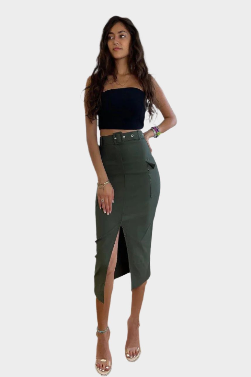 Front Split Midi Belted Cargo Skirt