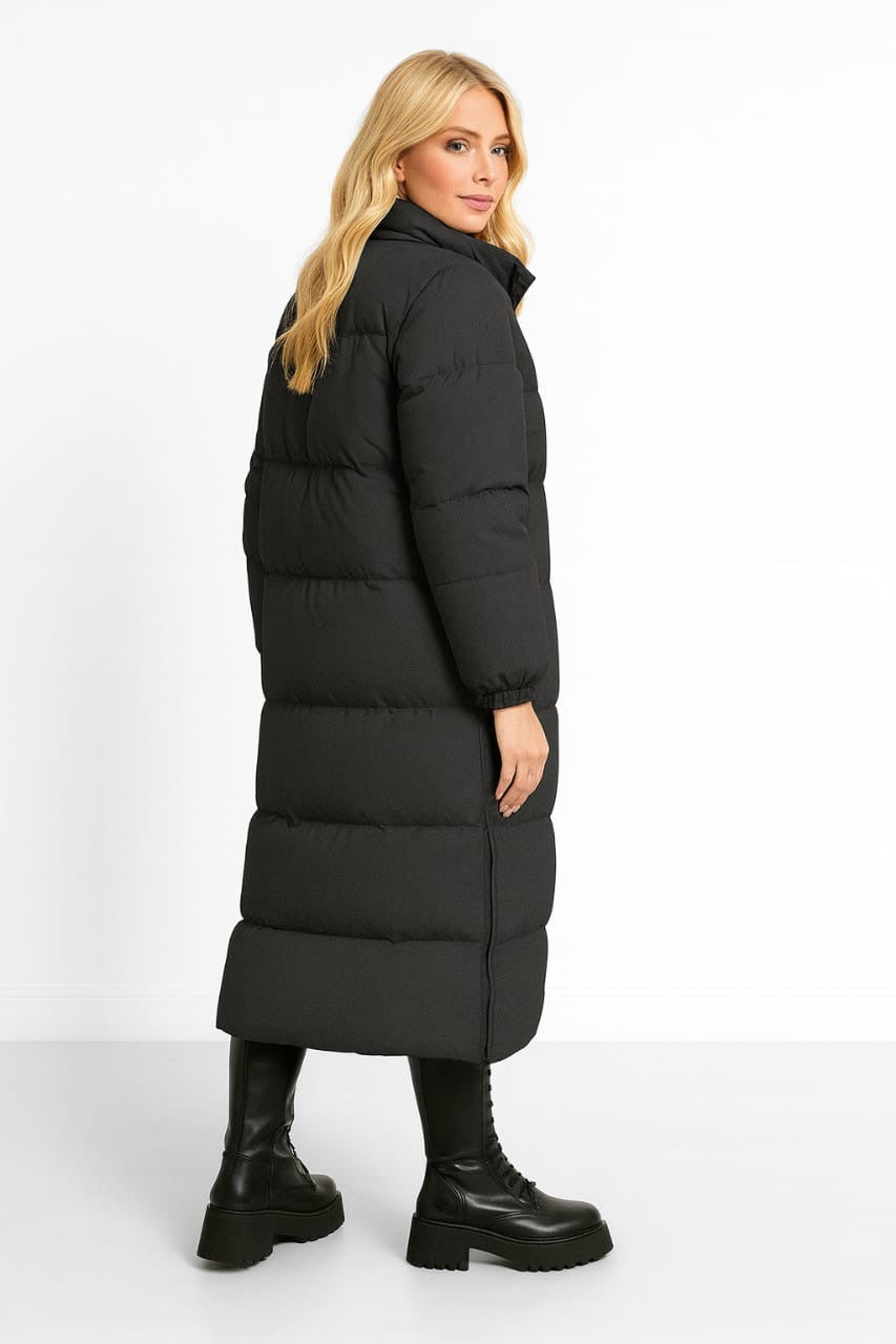 High Neck Quilted Opening Sides Midi Puffer Parker Jacket