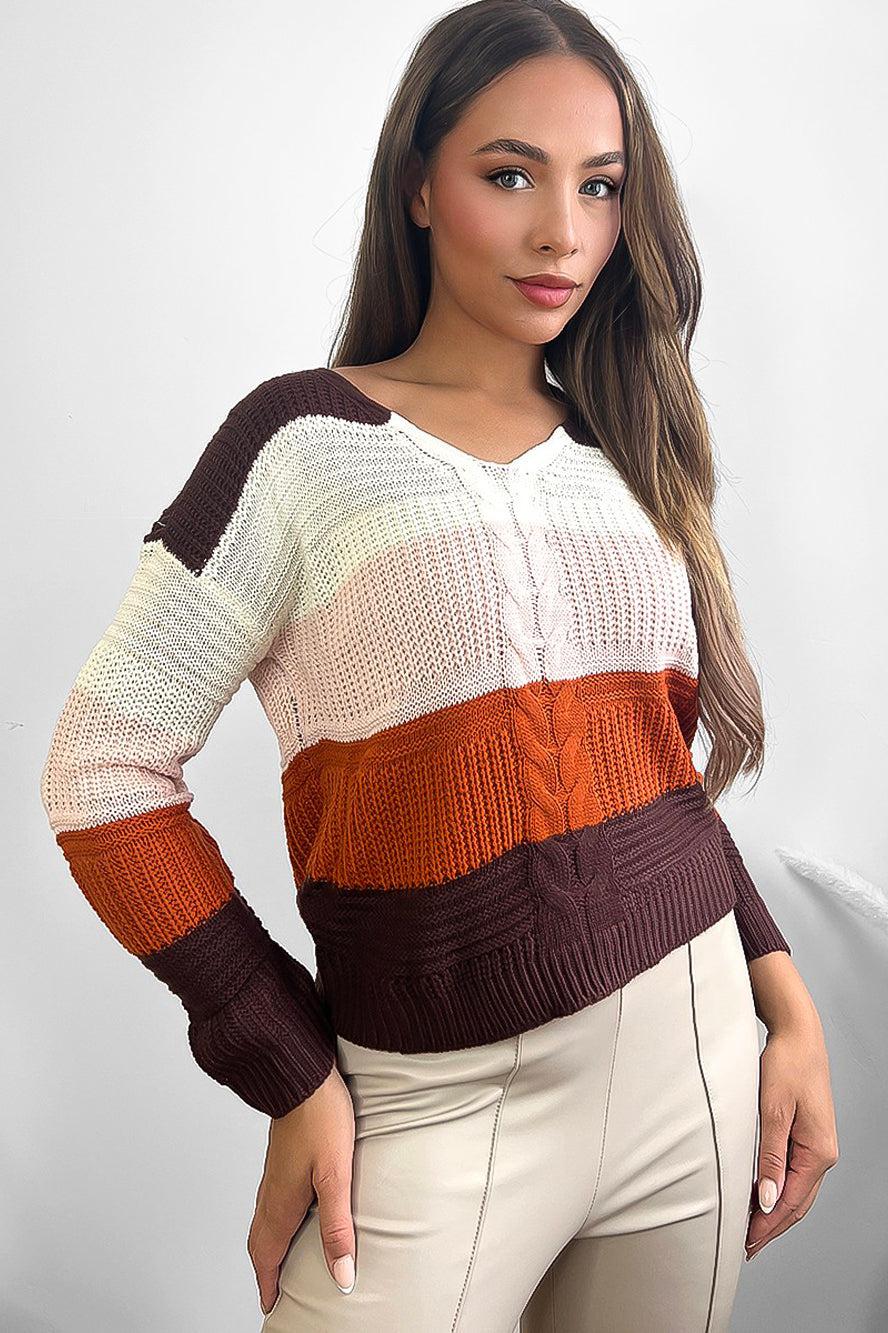 Laced Up Back V-Neck Stripy Pullover-SinglePrice