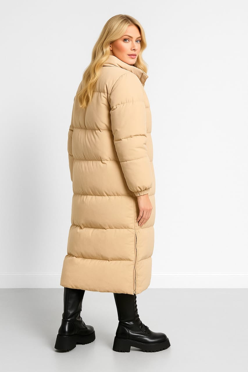 High Neck Quilted Opening Sides Midi Puffer Parker Jacket