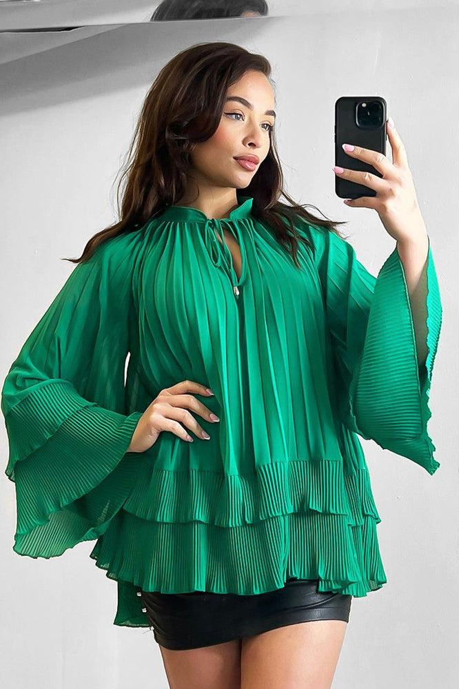 Neck Tie Pleated Chiffon Blouse-SinglePrice