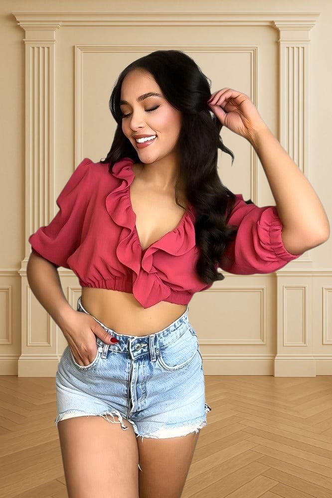 Burgundy Frilled Deep Plunge Crop Top